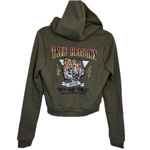 True Religion Tiger Shrunken Zip Hoodie Cropped Sz M Medium Olive Green NWT Y2K